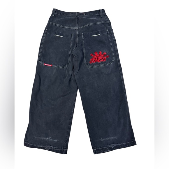 VTG JNCO Jeans Red Tribal Crown Logo Grunge Mens 34x30 (34x29) Wide Leg Y2K